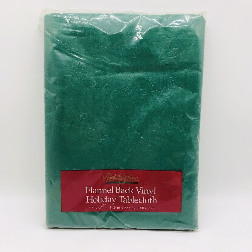 NEW Holiday Time Green Christmas Tablecloth Flannel Back Vinyl 52 x 90" Oblong